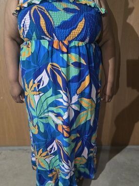 Blue Tropical Strapless Maxi Dress with Leaf Print